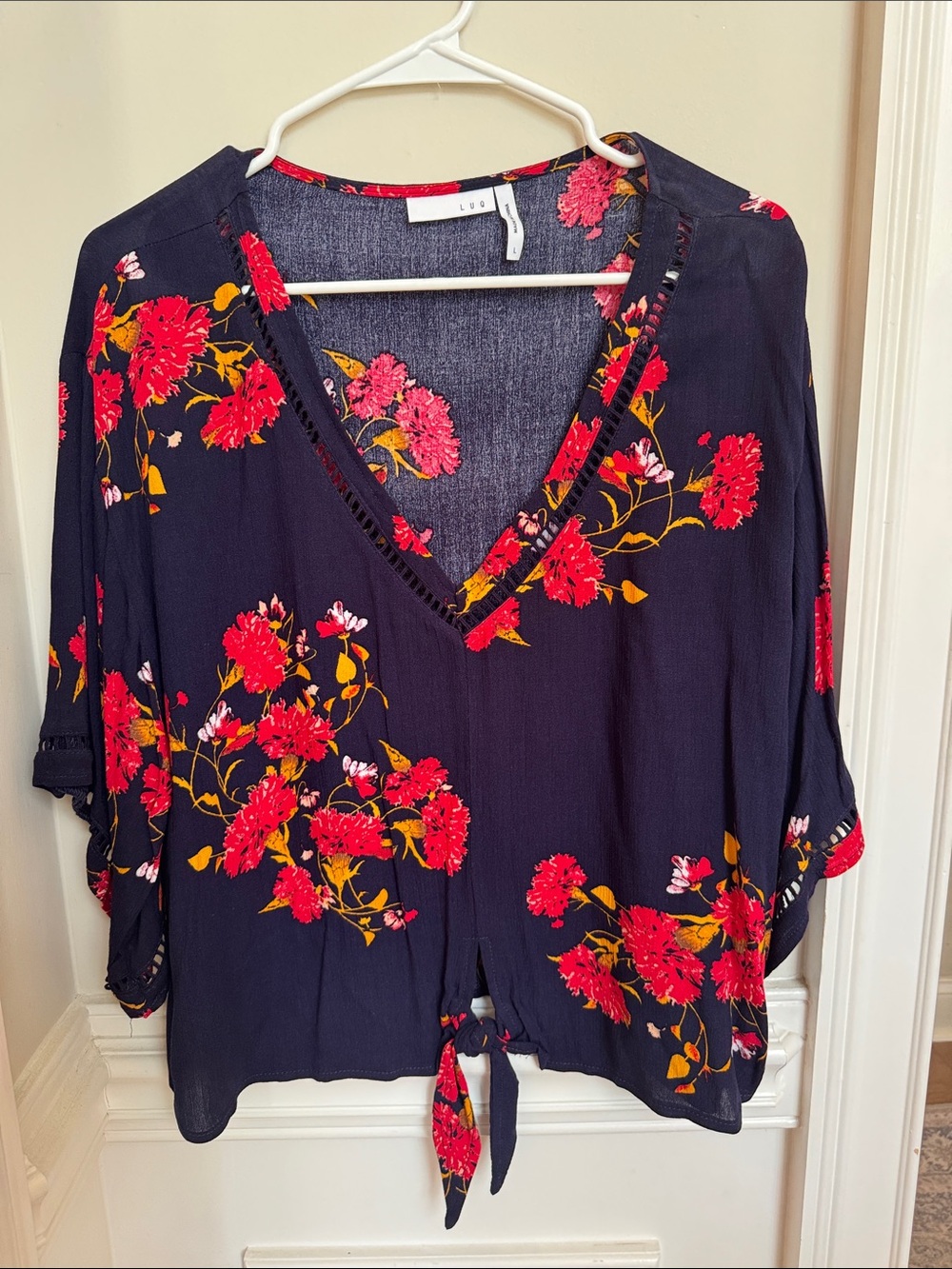 Floral Tie-Front V-Neck Blouse in Navy with Red Bloom
